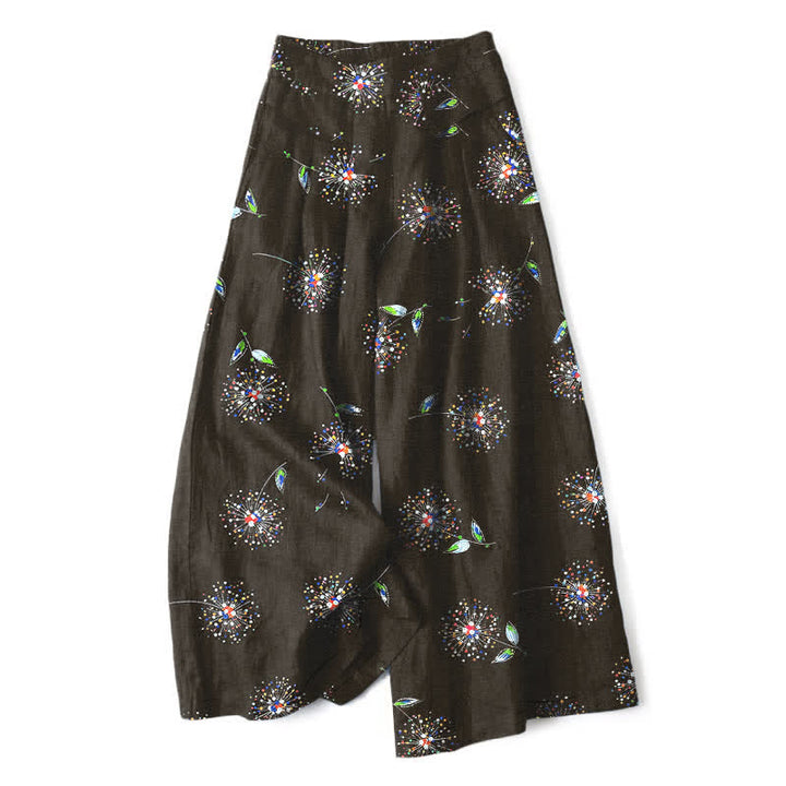 Buddha Stones Pantalones de mujer de lino y algodón con estampado floral de diente de león de colores, cintura elástica, pernera ancha y bolsillos. - Negro - US16，UK/AU20，EU48 (3XL) - image 0