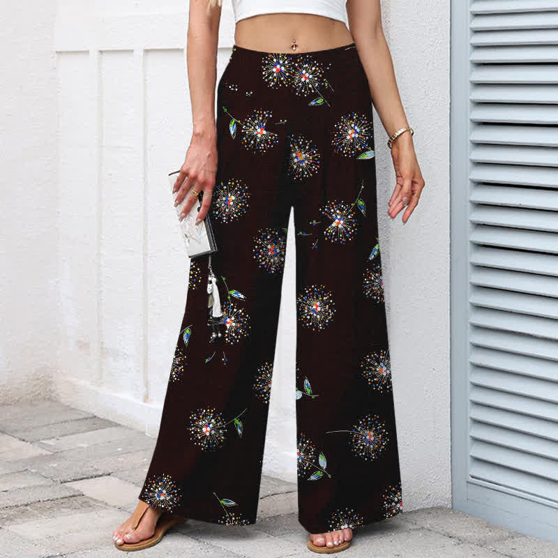 Buddha Stones Pantalones de mujer de lino y algodón con estampado floral de diente de león de colores, cintura elástica, pernera ancha y bolsillos. - image 1
