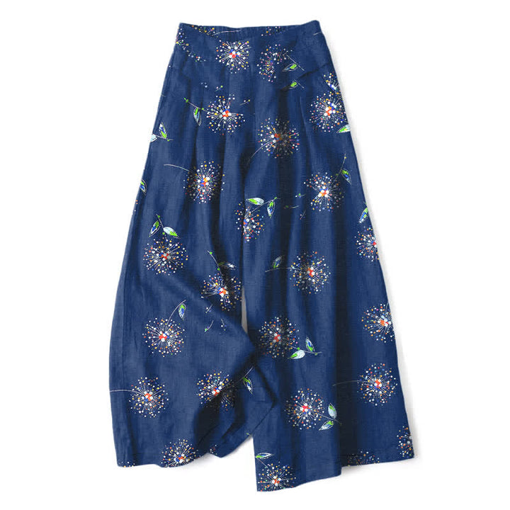 Buddha Stones Pantalones de mujer de lino y algodón con estampado floral de diente de león de colores, cintura elástica, pernera ancha y bolsillos. - Marina de guerra - US16，UK/AU20，EU48 (3XL) - image 4