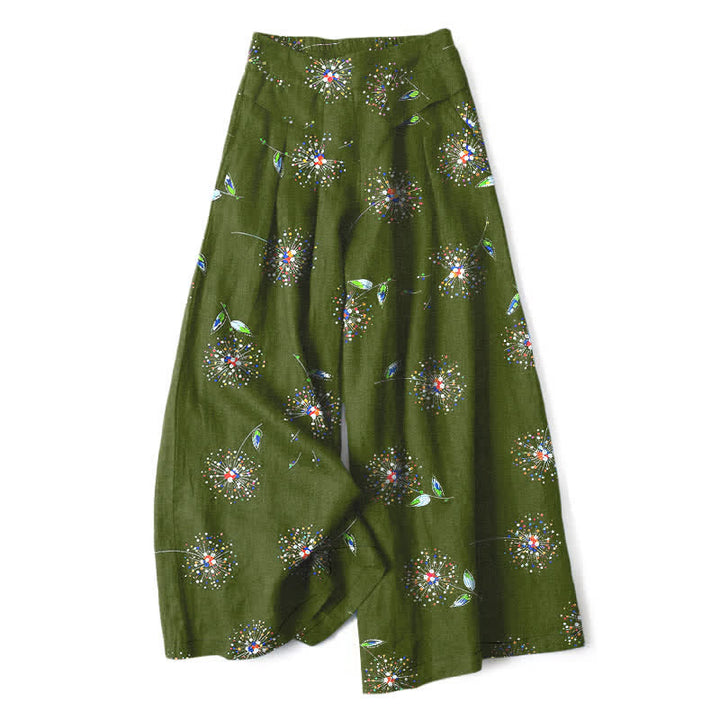 Buddha Stones Pantalones de mujer de lino y algodón con estampado floral de diente de león de colores, cintura elástica, pernera ancha y bolsillos. - Verde oliva - US16，UK/AU20，EU48 (3XL) - image 6