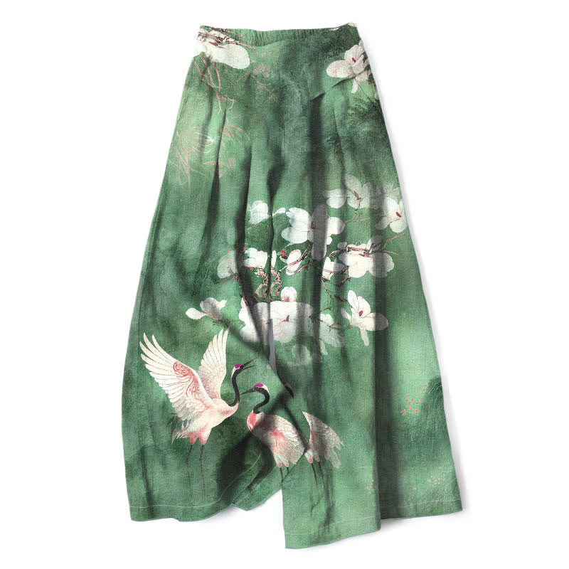 Buddha Stones Pantalones de mujer de algodón y lino con estampado floral blanco de grullas, cintura elástica y pernera ancha con bolsillos. - Verdemar - US16，UK/AU20，EU48 (3XL) - image 0