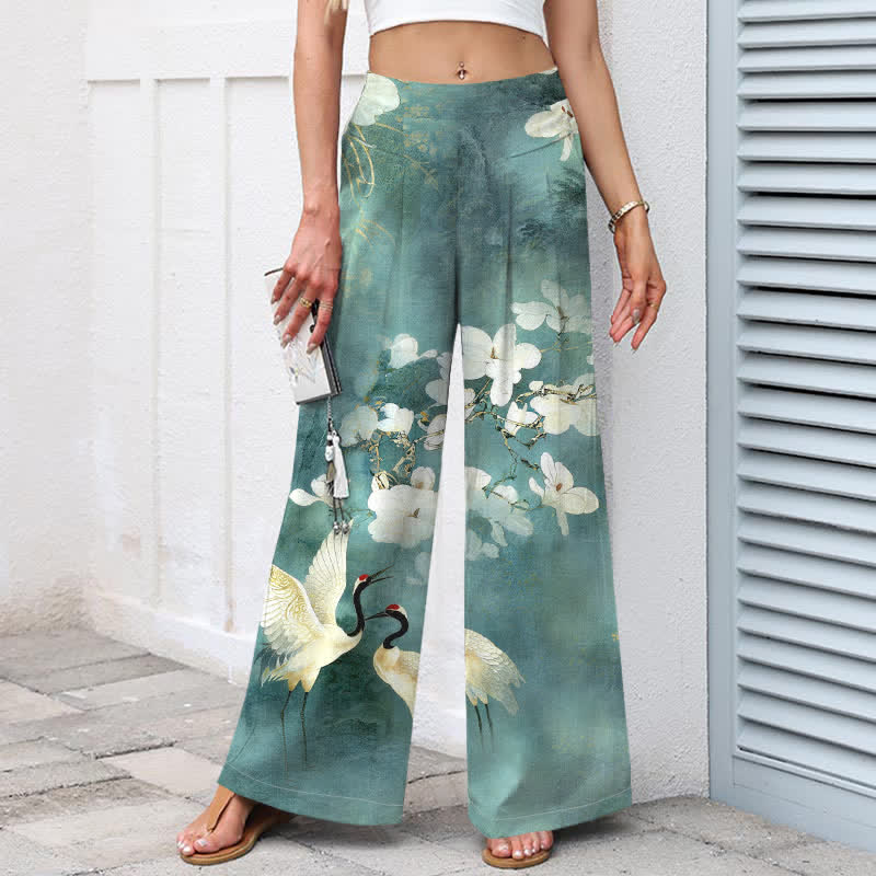 Buddha Stones Pantalones de mujer de algodón y lino con estampado floral blanco de grullas, cintura elástica y pernera ancha con bolsillos. - image 5