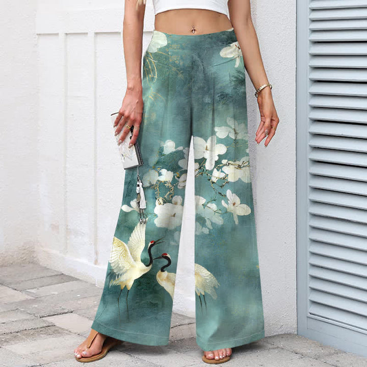 Buddha Stones Pantalones de mujer de algodón y lino con estampado floral blanco de grullas, cintura elástica y pernera ancha con bolsillos. - image 5