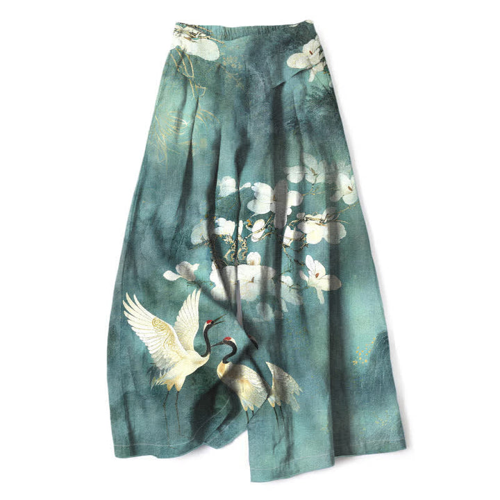 Buddha Stones Pantalones de mujer de algodón y lino con estampado floral blanco de grullas, cintura elástica y pernera ancha con bolsillos. - Azul cadete - US16，UK/AU20，EU48 (3XL) - image 4