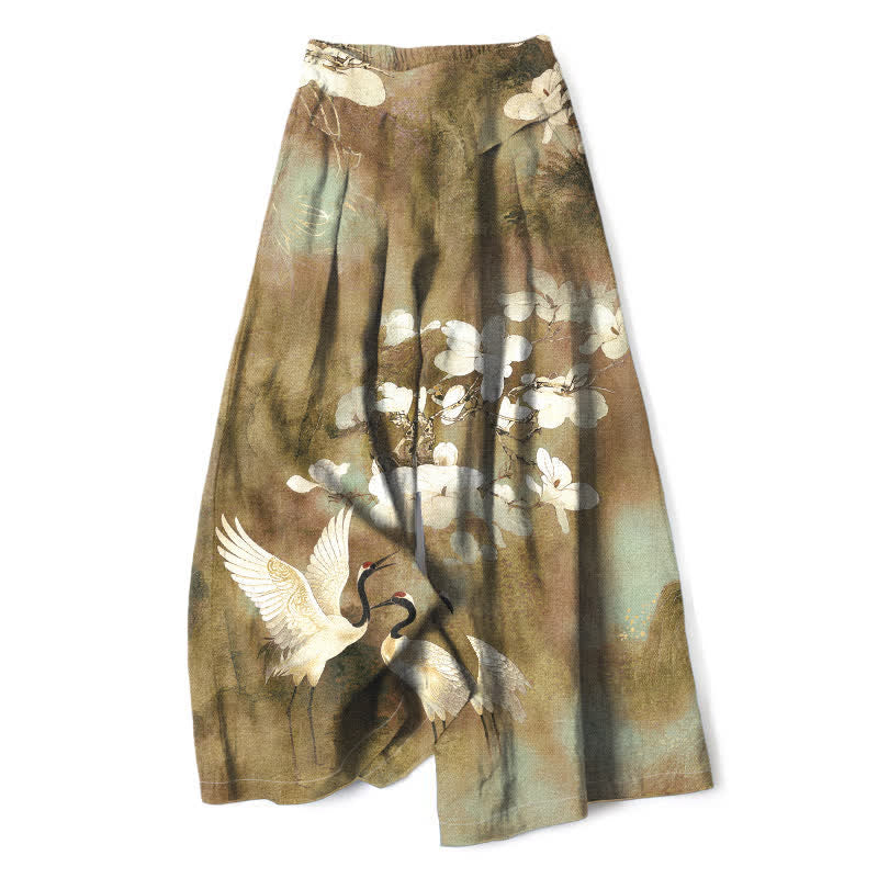 Buddha Stones Pantalones de mujer de algodón y lino con estampado floral blanco de grullas, cintura elástica y pernera ancha con bolsillos. - Caqui oscuro - US16，UK/AU20，EU48 (3XL) - image 6