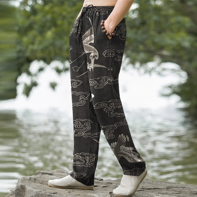 Buddha Stones Pantalones de hombre de algodón blanco con estampado de grullas y nubes auspiciosas, corte ajustado y bolsillos. - image 5