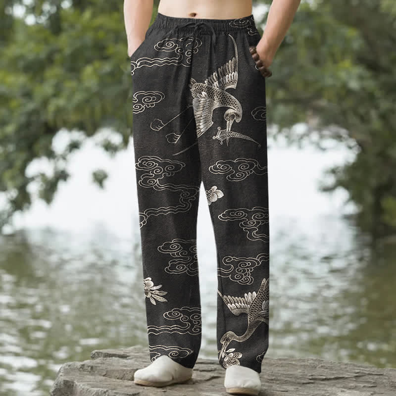 Buddha Stones Pantalones de hombre de algodón blanco con estampado de grullas y nubes auspiciosas, corte ajustado y bolsillos. - Negro - US/UK/AU50, EU60 (5XL) - image 4