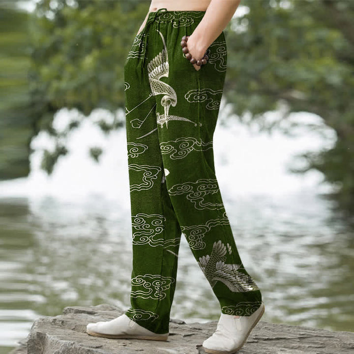 Buddha Stones Pantalones de hombre de algodón blanco con estampado de grullas y nubes auspiciosas, corte ajustado y bolsillos. - image 7