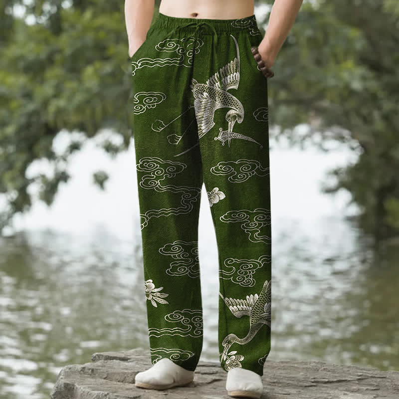 Buddha Stones Pantalones de hombre de algodón blanco con estampado de grullas y nubes auspiciosas, corte ajustado y bolsillos. - Verde oliva oscuro - US/UK/AU50, EU60 (5XL) - image 6