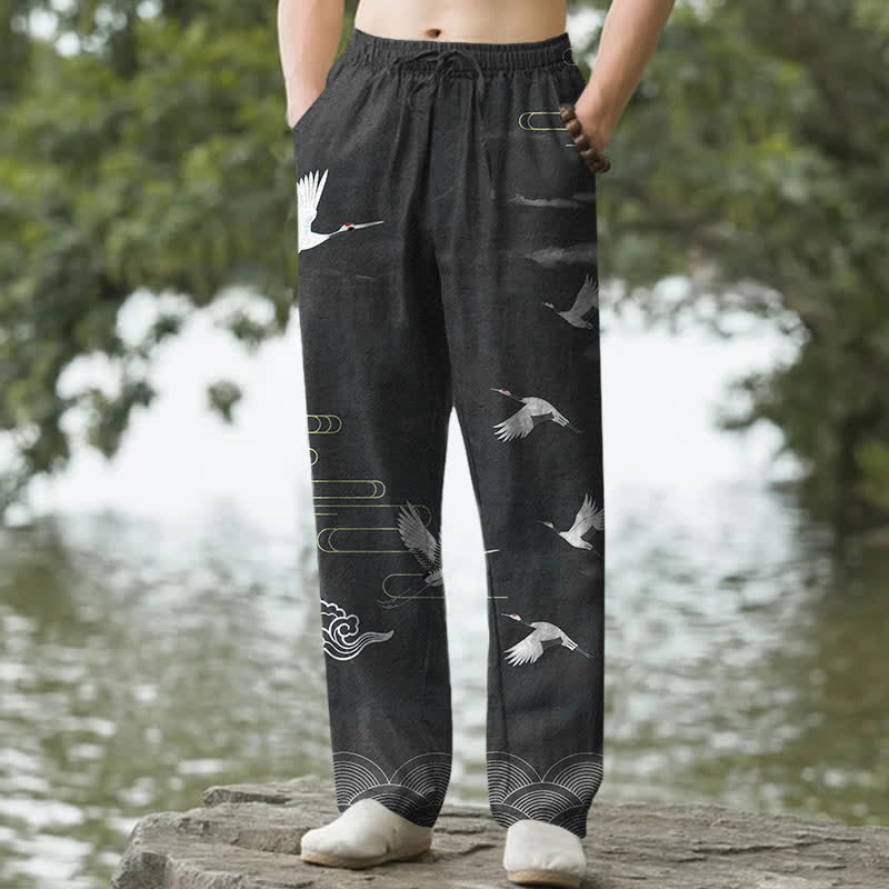 Buddha Stones Pantalones de hombre de algodón blanco con estampado de grullas y olas, corte cónico y bolsillos. - Negro - US/UK/AU50, EU60 (5XL) - image 0