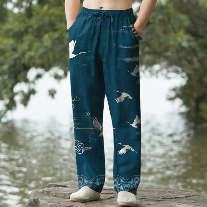 Buddha Stones Pantalones de hombre de algodón blanco con estampado de grullas y olas, corte cónico y bolsillos. - Verde azulado - US/UK/AU50, EU60 (5XL) - image 6