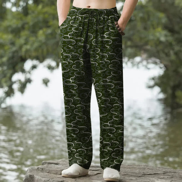 Buddha Stones Pantalones de hombre de algodón blanco con estampado de ondas, corte ajustado y bolsillos. - Verde oliva oscuro - US/UK/AU50, EU60 (5XL) - image 4