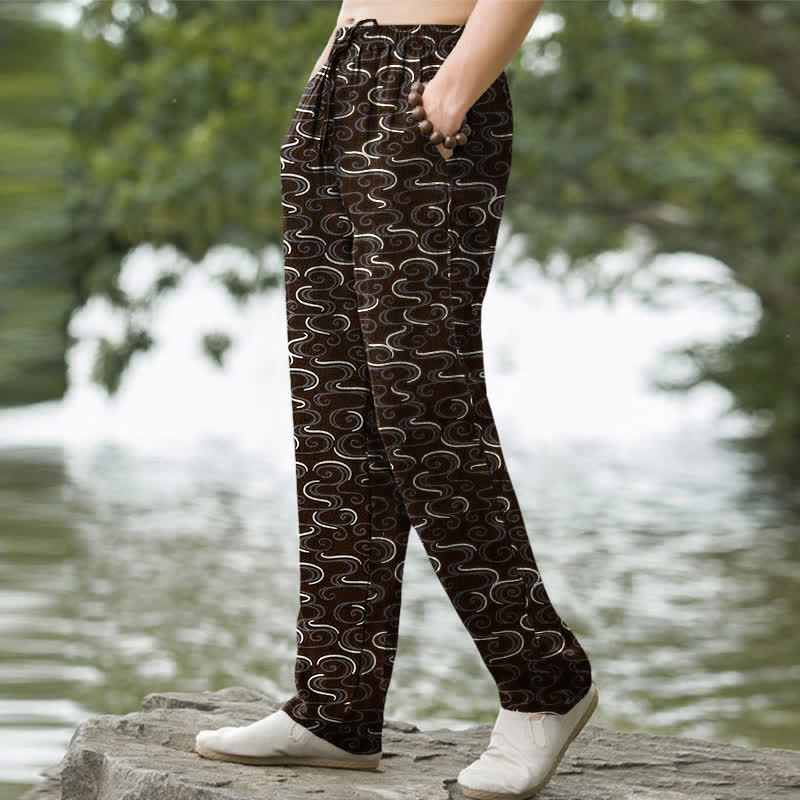 Buddha Stones Pantalones de hombre de algodón blanco con estampado de ondas, corte ajustado y bolsillos. - image 7