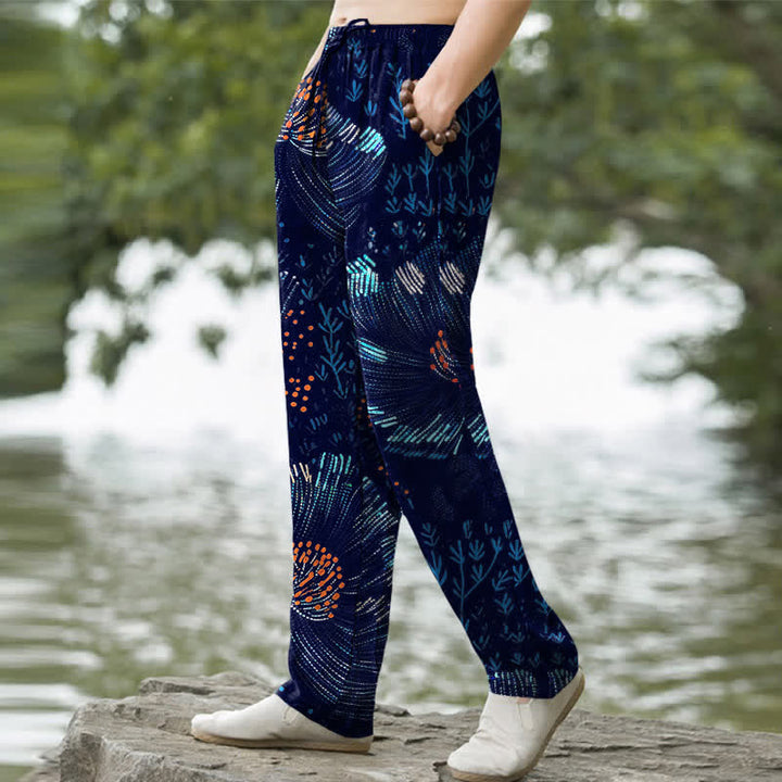 Buddha Stones Pantalones de hombre de algodón con estampado floral y corte ajustado, con bolsillos. - image 1