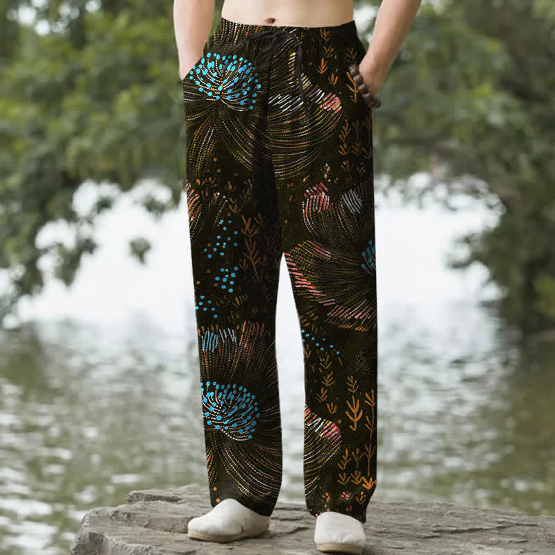 Buddha Stones Pantalones de hombre de algodón con estampado floral y corte ajustado, con bolsillos. - Negro - US/UK/AU50, EU60 (5XL) - image 4