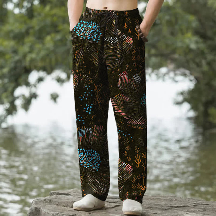 Buddha Stones Pantalones de hombre de algodón con estampado floral y corte ajustado, con bolsillos. - Negro - US/UK/AU50, EU60 (5XL) - image 4