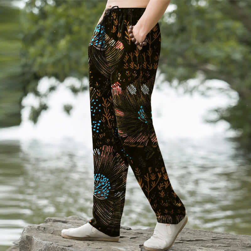 Buddha Stones Pantalones de hombre de algodón con estampado floral y corte ajustado, con bolsillos. - image 5