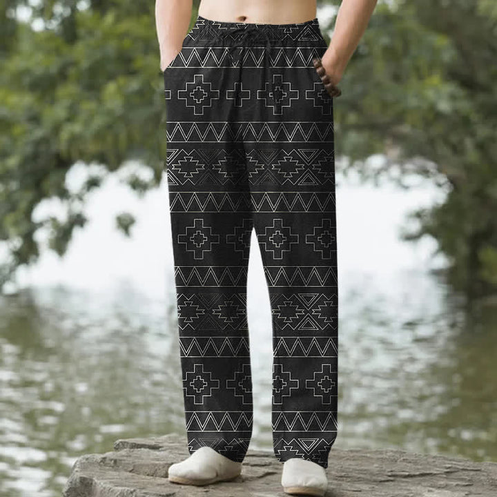 Buddha Stones Pantalones de hombre de algodón blanco con estampado geométrico tribal y corte ajustado, con bolsillos. - Negro - US/UK/AU50, EU60 (5XL) - image 0