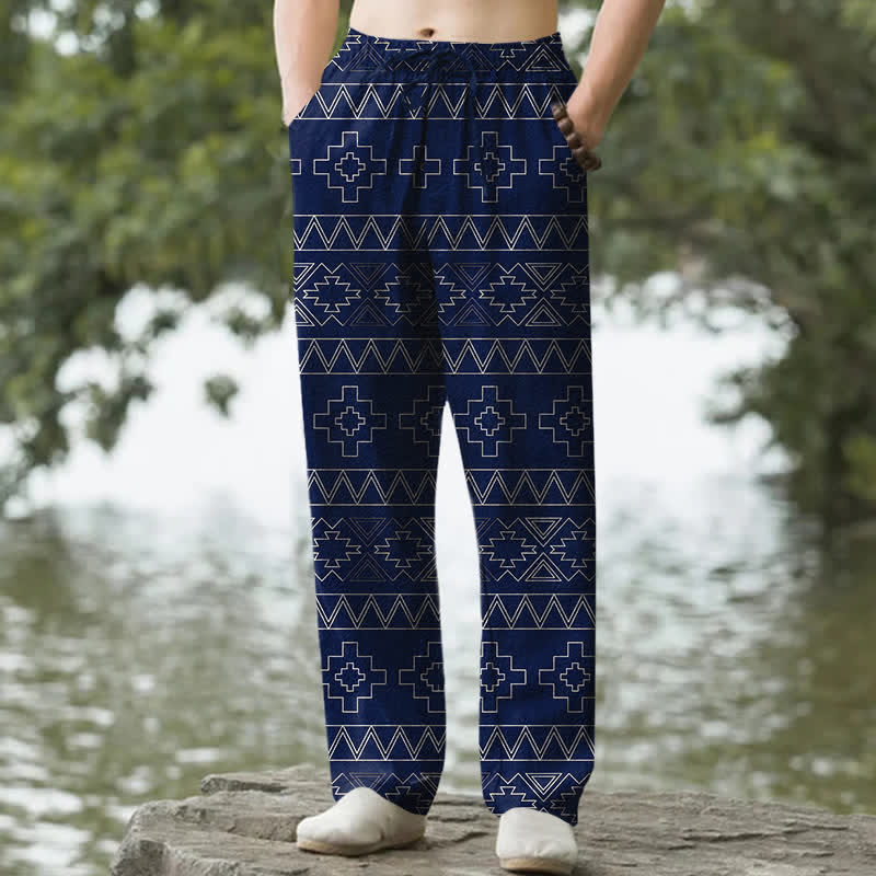 Buddha Stones Pantalones de hombre de algodón blanco con estampado geométrico tribal y corte ajustado, con bolsillos. - Marina de guerra - US/UK/AU50, EU60 (5XL) - image 4