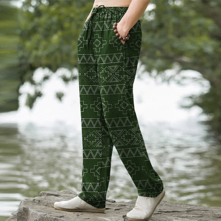 Buddha Stones Pantalones de hombre de algodón blanco con estampado geométrico tribal y corte ajustado, con bolsillos. - image 7