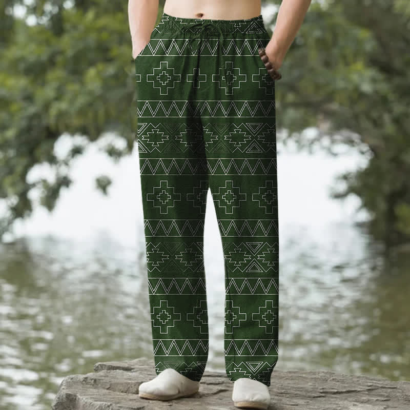 Buddha Stones Pantalones de hombre de algodón blanco con estampado geométrico tribal y corte ajustado, con bolsillos. - Verde bosque - US/UK/AU50, EU60 (5XL) - image 6