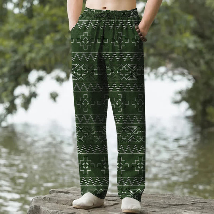 Buddha Stones Pantalones de hombre de algodón blanco con estampado geométrico tribal y corte ajustado, con bolsillos. - Verde bosque - US/UK/AU50, EU60 (5XL) - image 6