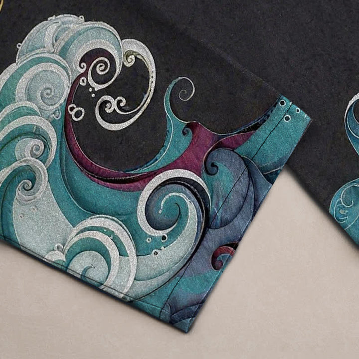 Buddha Stones Pantalones de hombre de algodón con estampado de grullas, nubes y olas del océano, corte cónico y bolsillos. - image 3
