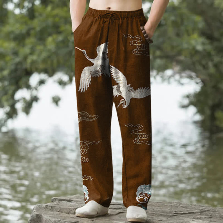 Buddha Stones Pantalones de hombre de algodón con estampado de grullas, nubes y olas del océano, corte cónico y bolsillos. - Marrón silla de montar - US/UK/AU50, EU60 (5XL) - image 6