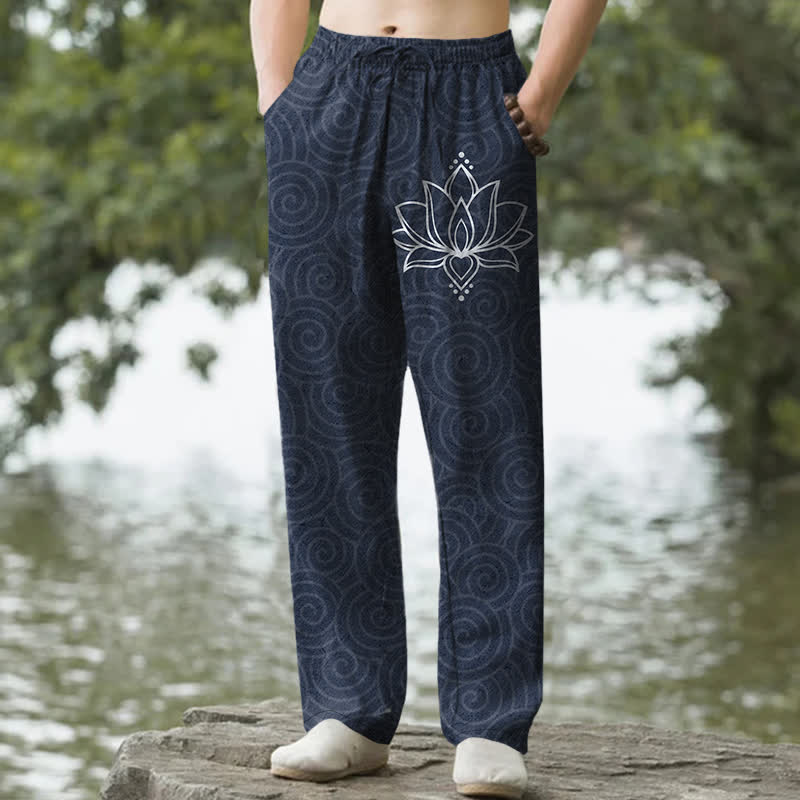 Buddha Stones Pantalones de hombre de algodón blanco con estampado de espiral de loto y corte ajustado, con bolsillos. - Marina de guerra - US/UK/AU50, EU60 (5XL) - image 6