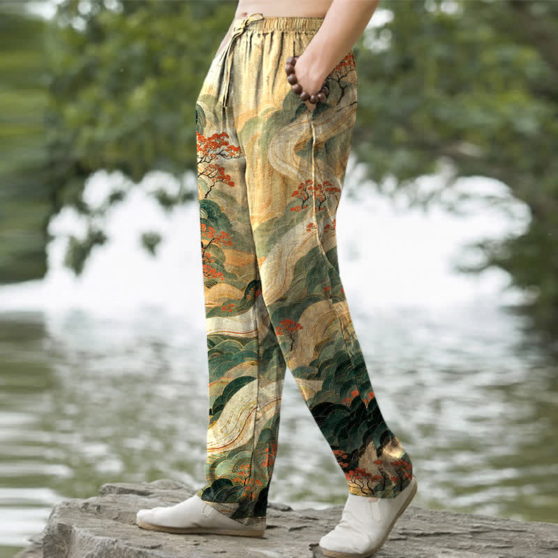 Buddha Stones Pantalones de hombre de algodón con estampado floral de montaña y río, corte ajustado y bolsillos. - image 1