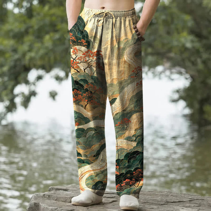Buddha Stones Pantalones de hombre de algodón con estampado floral de montaña y río, corte ajustado y bolsillos. - Caqui - US/UK/AU50, EU60 (5XL) - image 0