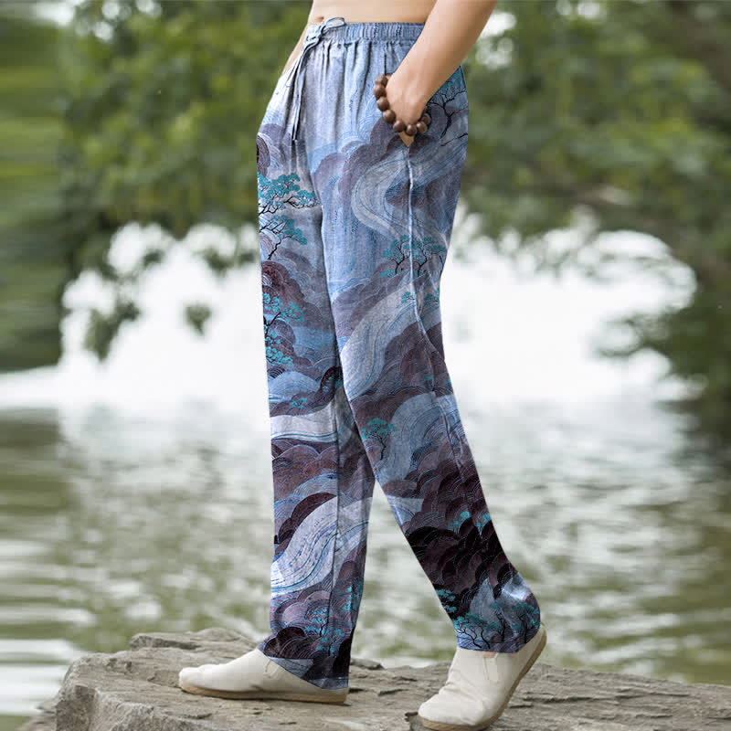 Buddha Stones Pantalones de hombre de algodón con estampado floral de montaña y río, corte ajustado y bolsillos. - image 5