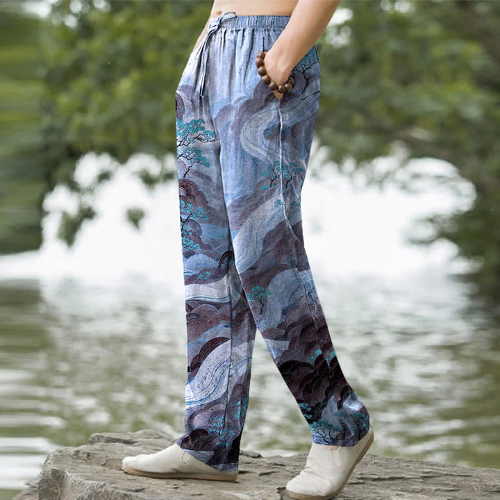 Buddha Stones Pantalones de hombre de algodón con estampado floral de montaña y río, corte ajustado y bolsillos. - image 5