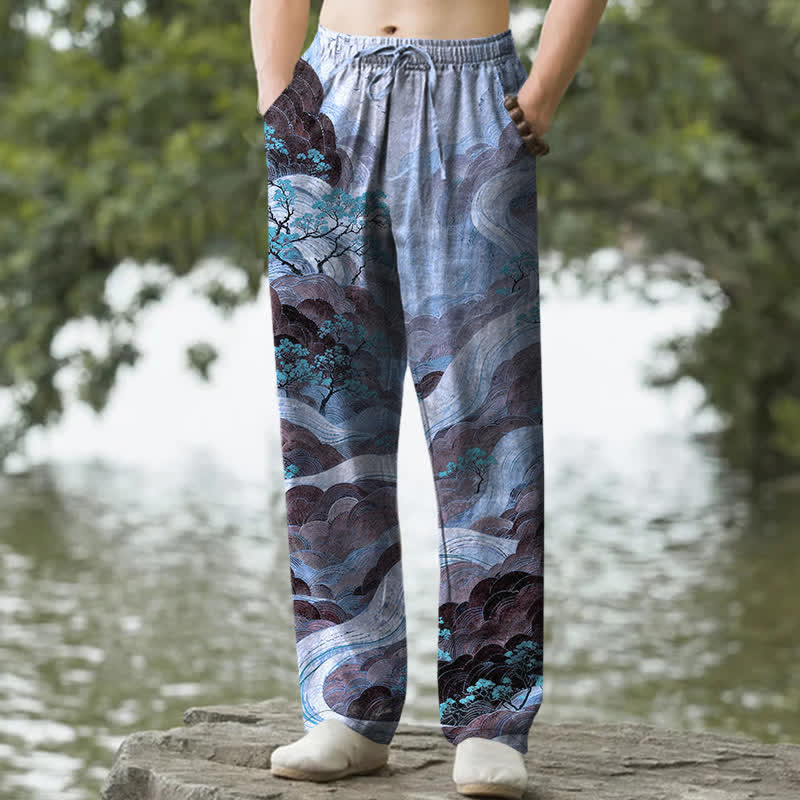 Buddha Stones Pantalones de hombre de algodón con estampado floral de montaña y río, corte ajustado y bolsillos. - Azul aciano - US/UK/AU50, EU60 (5XL) - image 4