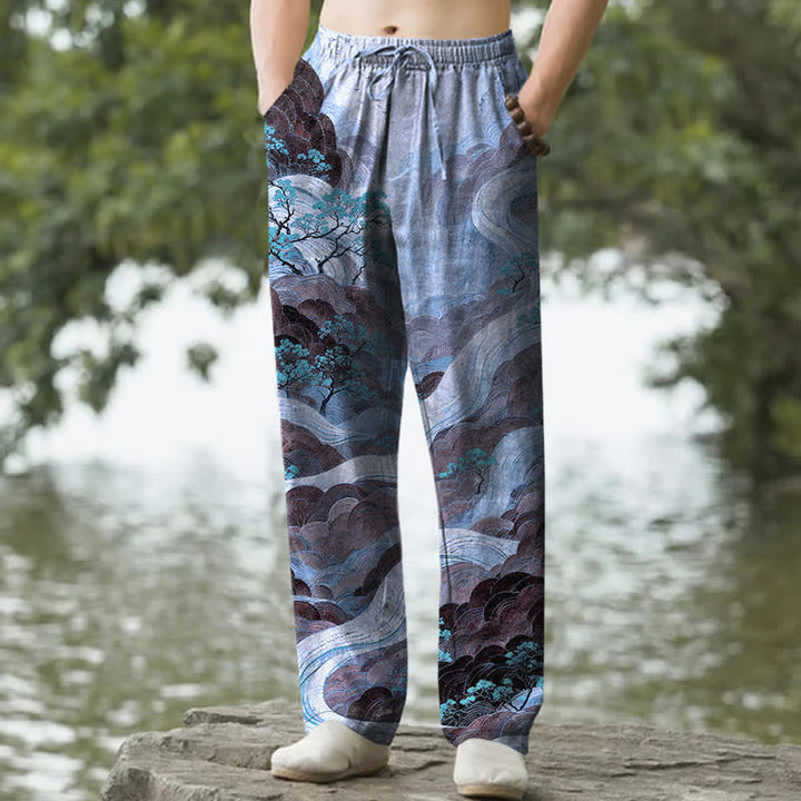 Buddha Stones Pantalones de hombre de algodón con estampado floral de montaña y río, corte ajustado y bolsillos. - Azul aciano - US/UK/AU50, EU60 (5XL) - image 4