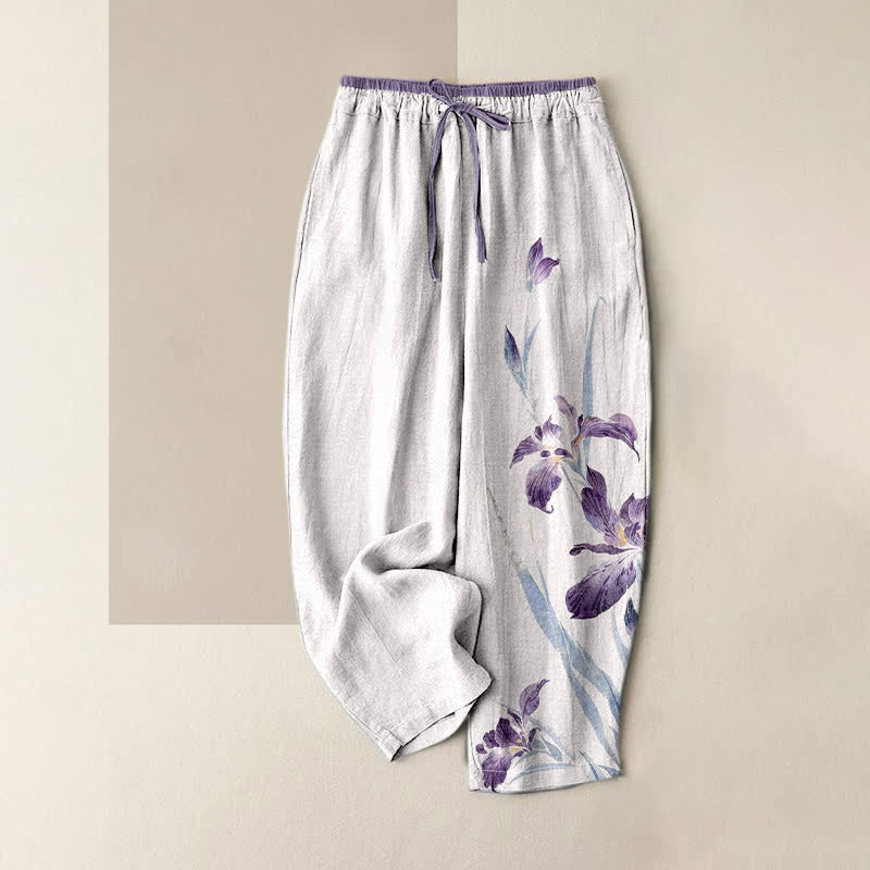 Buddha Stones Pantalones de mujer de algodón puro con elegante estampado de iris y cintura elástica con bolsillos. - Humo blanco - US16，UK/AU20，EU48 (3XL) - image 0