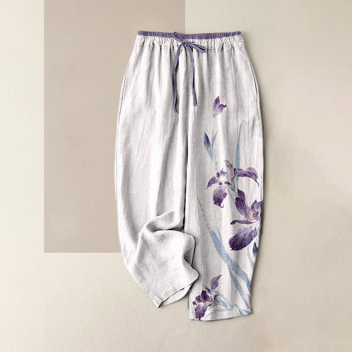 Buddha Stones Pantalones de mujer de algodón puro con elegante estampado de iris y cintura elástica con bolsillos. - Humo blanco - US16，UK/AU20，EU48 (3XL) - image 0