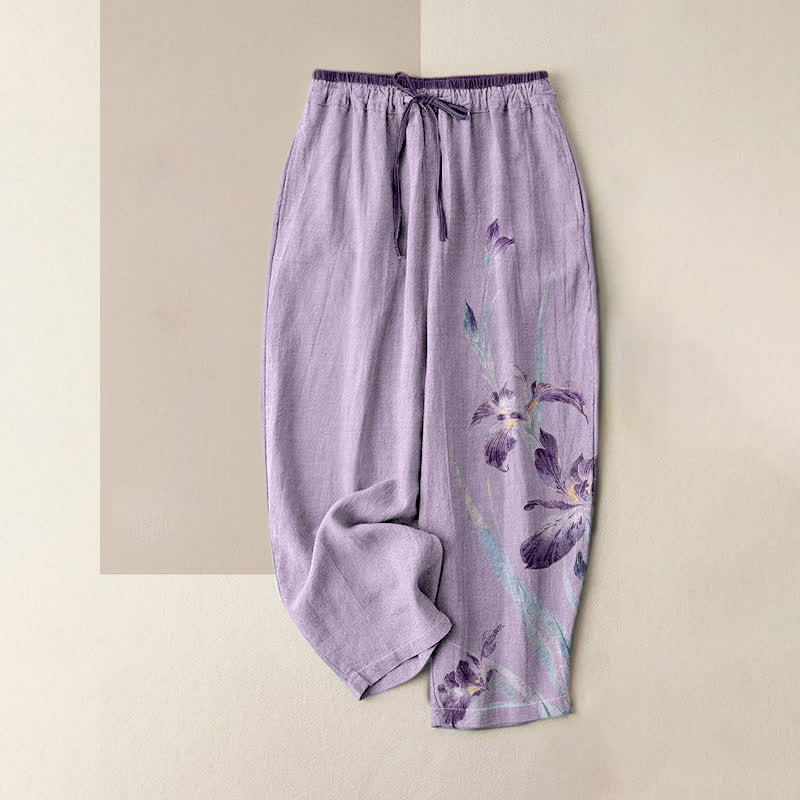 Buddha Stones Pantalones de mujer de algodón puro con elegante estampado de iris y cintura elástica con bolsillos. - Lavanda - US16，UK/AU20，EU48 (3XL) - image 3