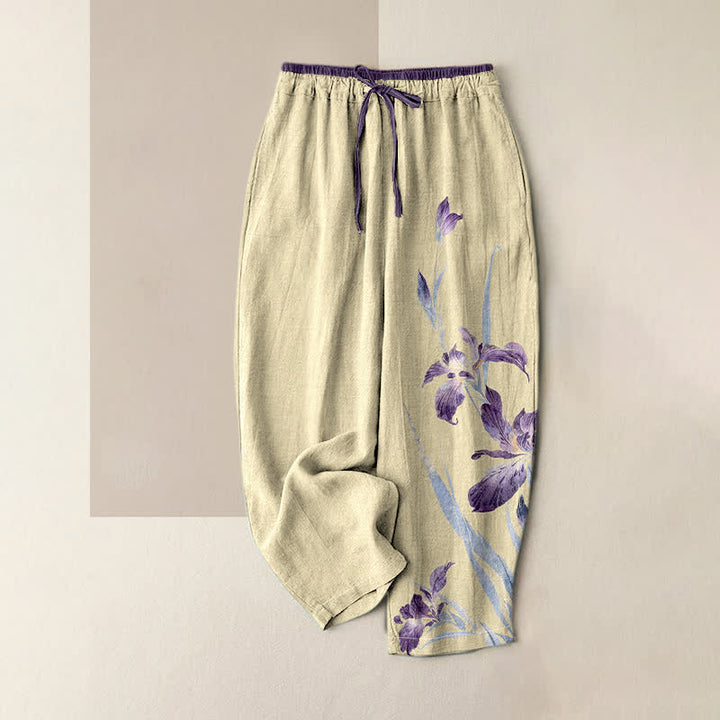 Buddha Stones Pantalones de mujer de algodón puro con elegante estampado de iris y cintura elástica con bolsillos. - Limón Chiffon - US16，UK/AU20，EU48 (3XL) - image 4