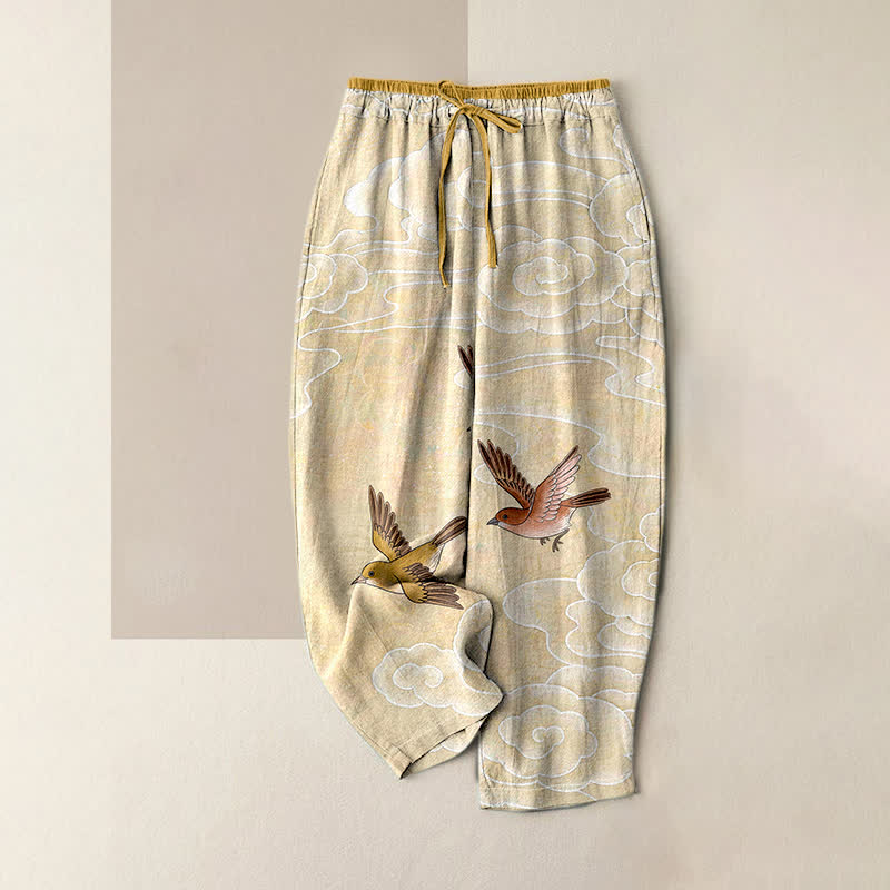 Buddha Stones Pantalones de mujer de algodón puro con estampado de nubes y pájaros volando, cintura elástica y bolsillos. - Limón Chiffon - US16，UK/AU20，EU48 (3XL) - image 0