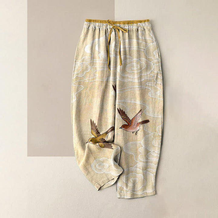 Buddha Stones Pantalones de mujer de algodón puro con estampado de nubes y pájaros volando, cintura elástica y bolsillos. - Limón Chiffon - US16，UK/AU20，EU48 (3XL) - image 0