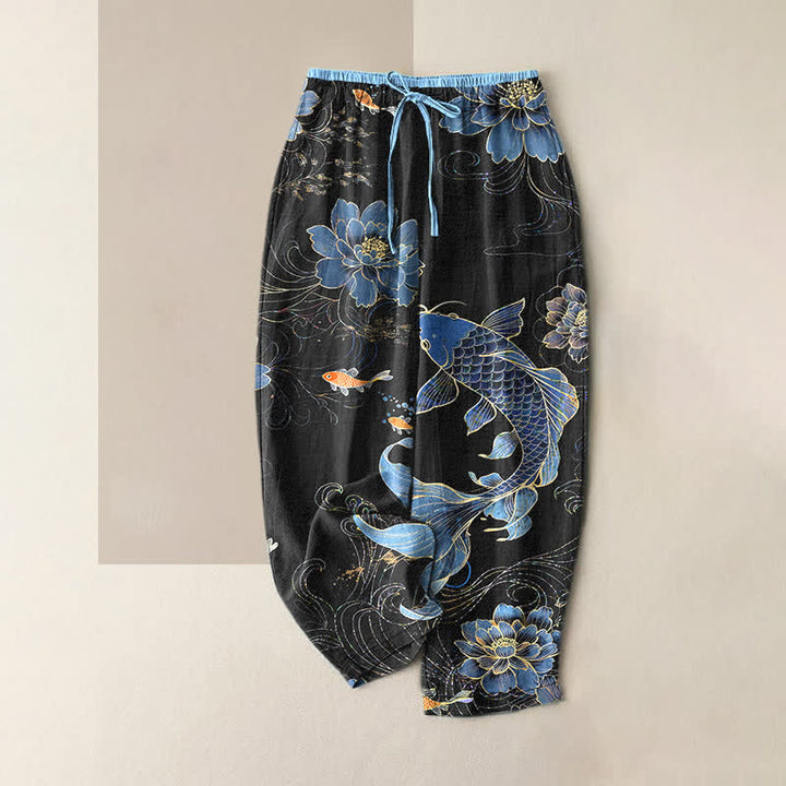 Buddha Stones Pantalones de mujer de algodón puro con estampado de peces koi y loto, cintura elástica y bolsillos. - Negro - US16，UK/AU20，EU48 (3XL) - image 5