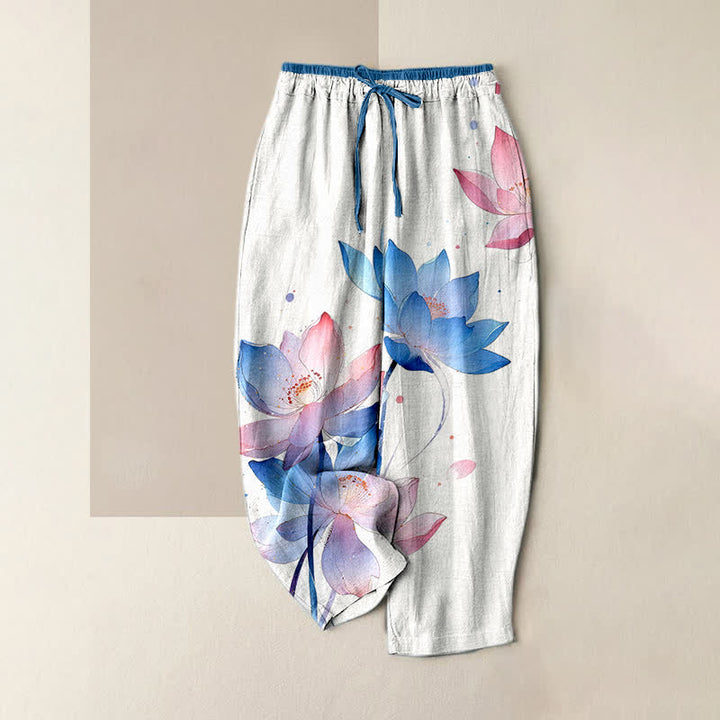 Buddha Stones Pantalones de mujer de algodón puro con estampado de loto en acuarela, cintura elástica y bolsillos. - Blanco - US16，UK/AU20，EU48 (3XL) - image 0