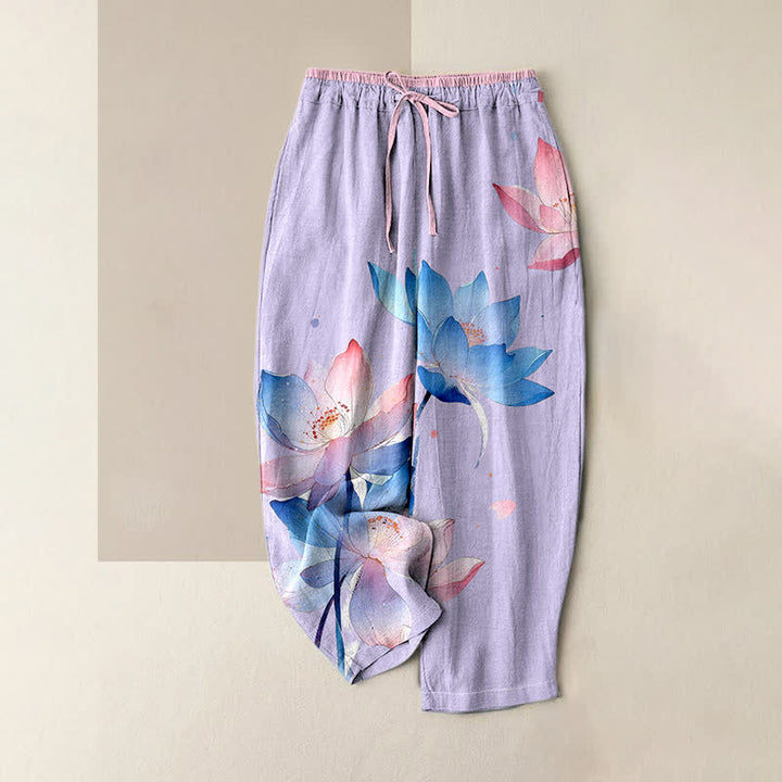 Buddha Stones Pantalones de mujer de algodón puro con estampado de loto en acuarela, cintura elástica y bolsillos. - Lavanda - US16，UK/AU20，EU48 (3XL) - image 3