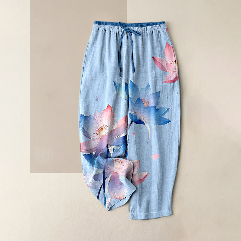 Buddha Stones Pantalones de mujer de algodón puro con estampado de loto en acuarela, cintura elástica y bolsillos. - Azul claro - US16，UK/AU20，EU48 (3XL) - image 4