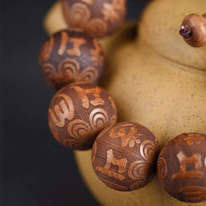 Buddha Stones Pulsera de madera natural Abelia Biflora con corazón Sutra Om Mani Padme Hum - image 2