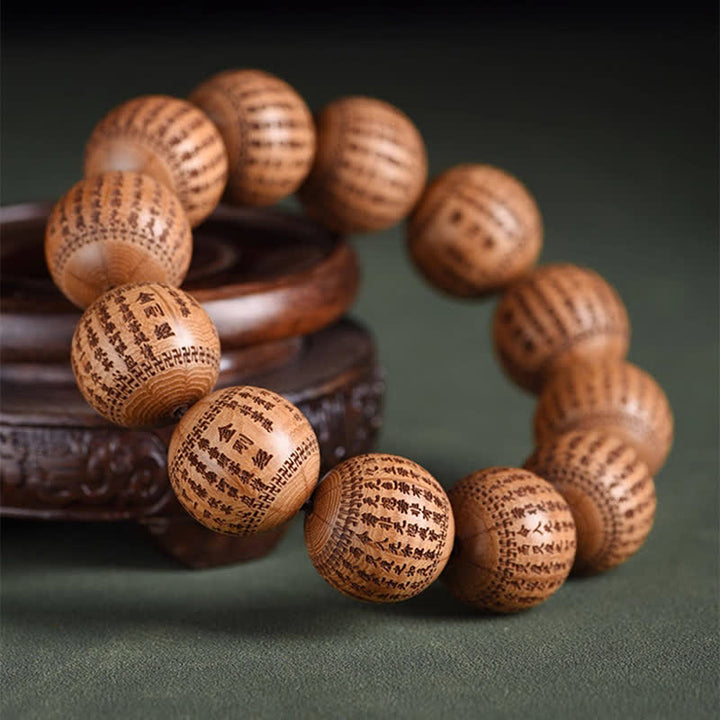 Buddha Stones Pulsera de madera natural Abelia Biflora con corazón Sutra Om Mani Padme Hum - image 9
