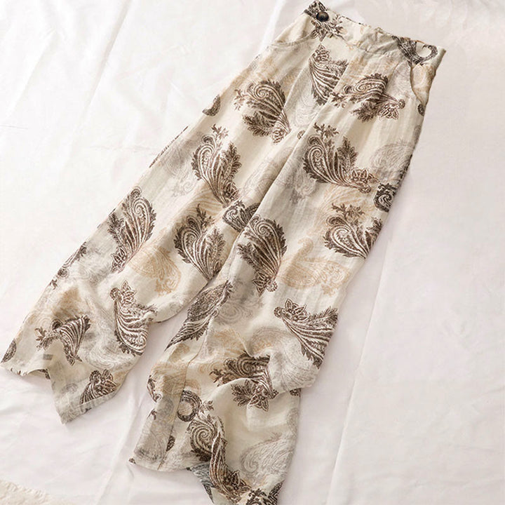 Buddha Stones Pantalones de mujer de corte recto, estilo bohemio casual de verano, con estampado paisley, cremallera y bolsillos. - image 2