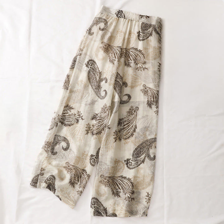 Buddha Stones Pantalones de mujer de corte recto, estilo bohemio casual de verano, con estampado paisley, cremallera y bolsillos. - image 1