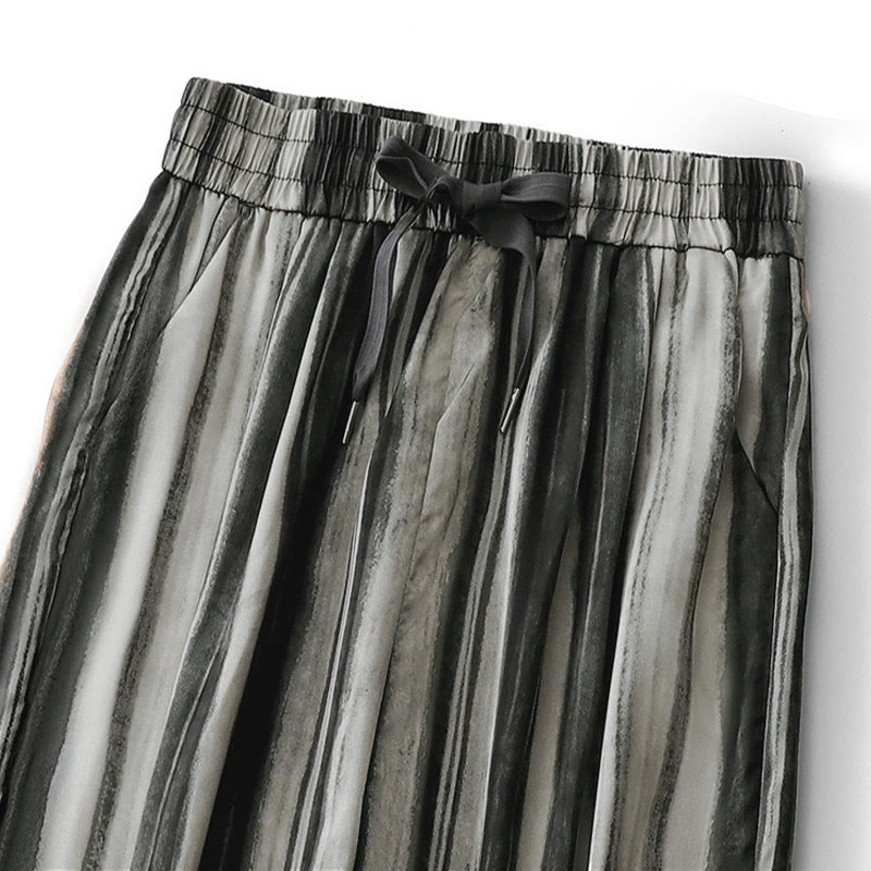 Buddha Stones Pantalones largos de verano informales elegantes con cordón ajustable y rayas verticales para mujer, de pierna recta y con bolsillos. - image 9